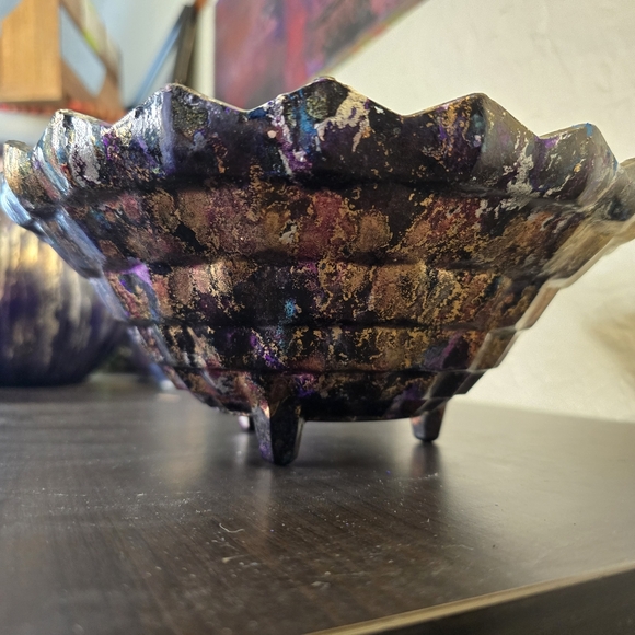 HANDCRAFTED Upcycled Glass Abstract Dish HANDPAINTED Tabletop Art Decor Bowl - Picture 4 of 17